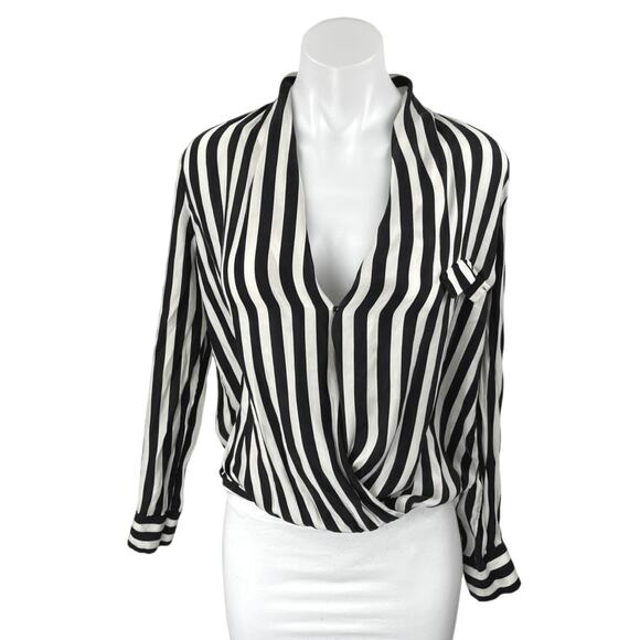 Zara Black White Striped Silk Satin Long Sleeve Faux Wrap Blouse Top Size XS - Picture 1 of 4